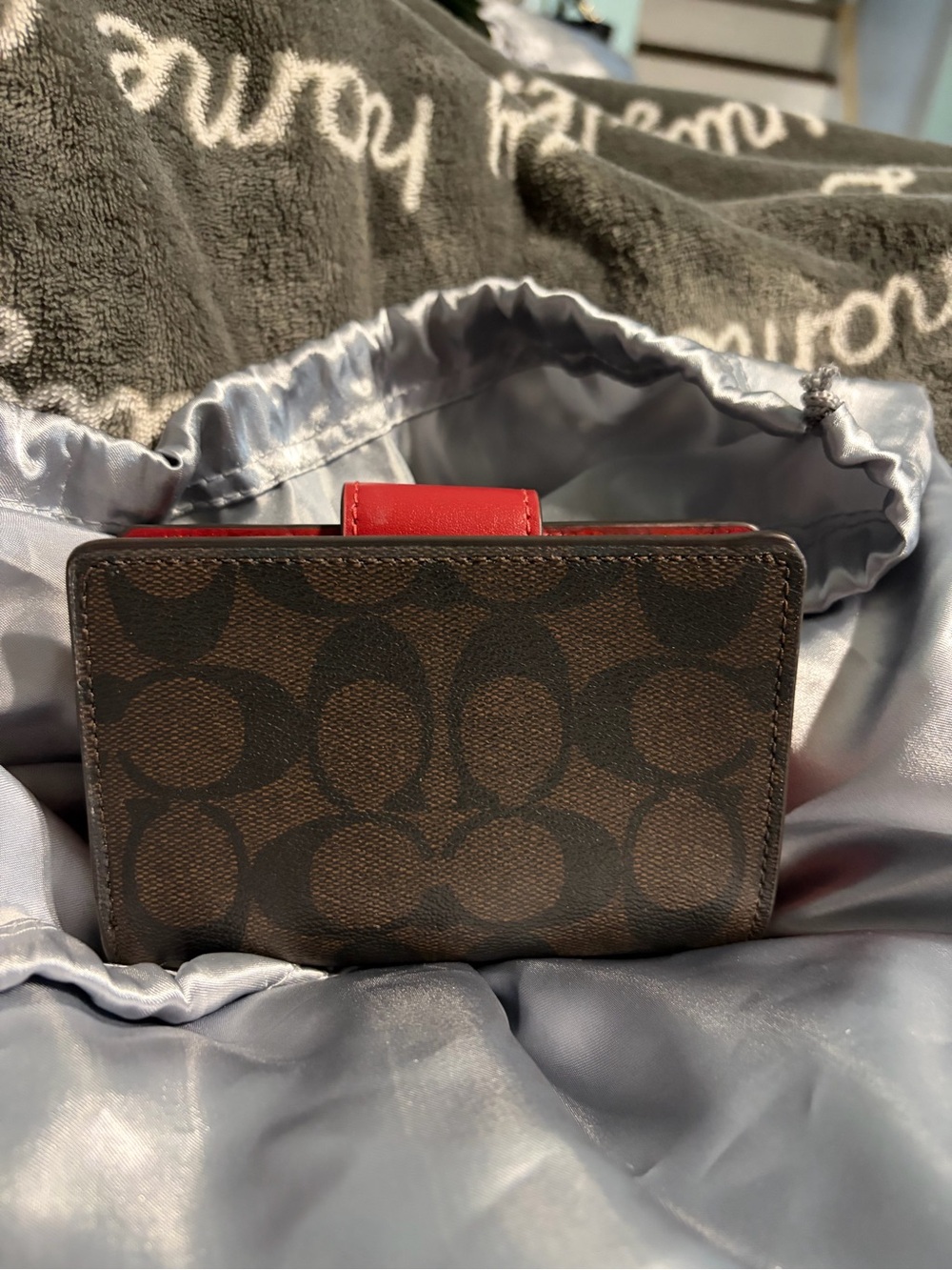 Coach Brown Signature Card Holder with Red Snap - Picture 4 of 5